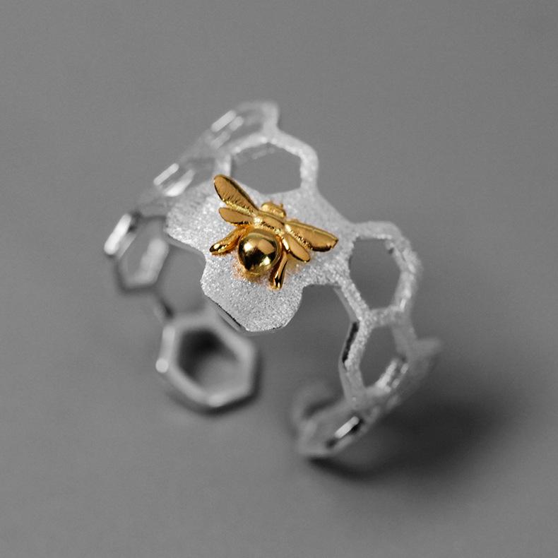 S925 Sterling Silver Bee Honeycomb Ring - TrenzJar