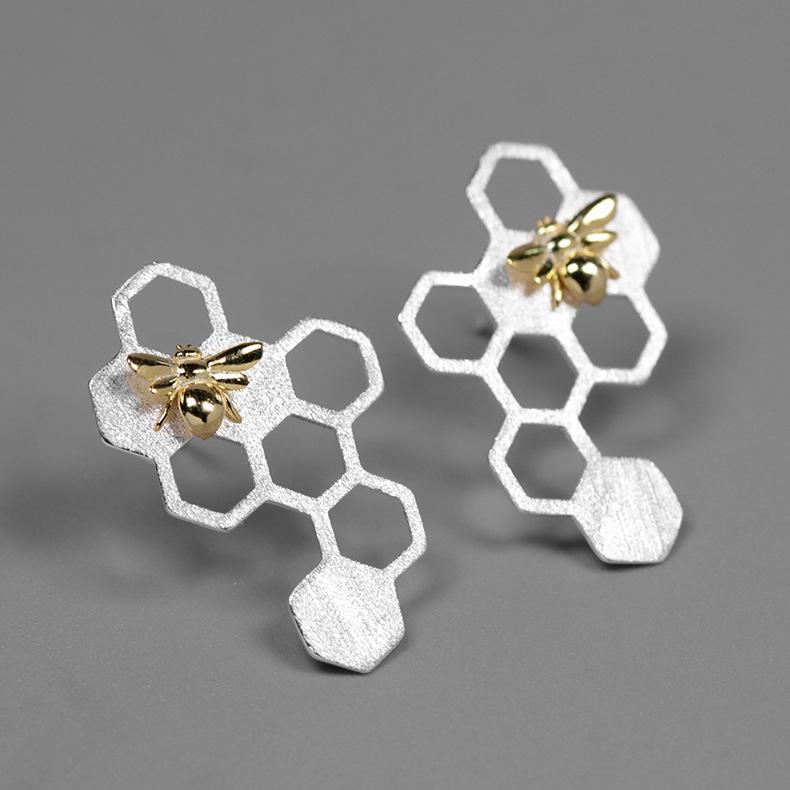 S925 Sterling Silver Honeycomb Bee Earrings - TrenzJar